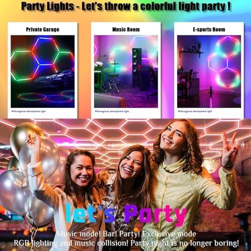 Color Changing Hexagon LED Garage Lights - Honeycomb Shop Light for Car Detailing, Basement, Gym, and Bar - 5 Hexagon Panels with Bright Lighting