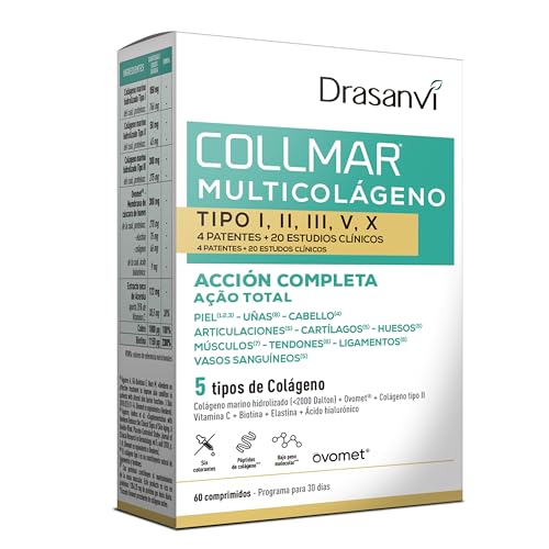 Drasanvi Collmar Multi Colageno en Comprimidos | Colágeno Hidrolizado Tipos I, II, III, V y X | Con Ovomet, Vitamina C y Biotina | 60 Comprimidos | Suministro de 30 Días