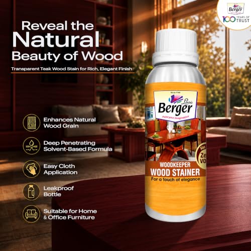 Image of Berger Wood Keeper Rose Wood Wood Stain with Leakproof Bottle & Easy Cloth Application Transparent Solvent-Based Stainer for Home Office Furniture Surfaces Shine and Finish (Pack of 1, 100ML)