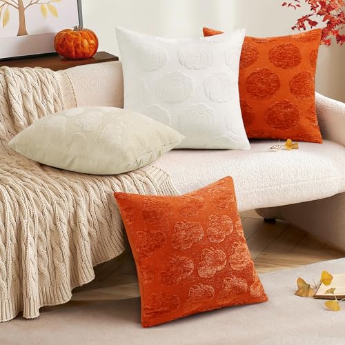 Image of decorUhome Decorative Rust Pumpkin Thanksgiving Throw Pillow Covers 18x18 Set of 2, Soft Chenille Jacquard Farmhouse Textured Pillow Covers for Couch Bed Sofa Autumn Harvest Halloween Holiday