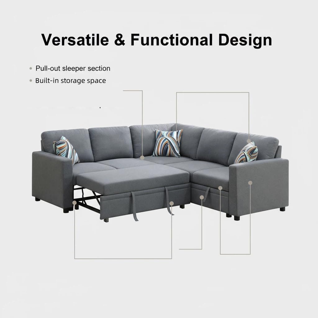 Sectional Sleeper Sofa with Pull Out Bed, L Shape Convertible Couch with Storage Chaise, Comfy Sleeper Couch, 2 in 1 Pull Out Sofa Bed with 5 Seats, for Living Room, Apartment, Gray