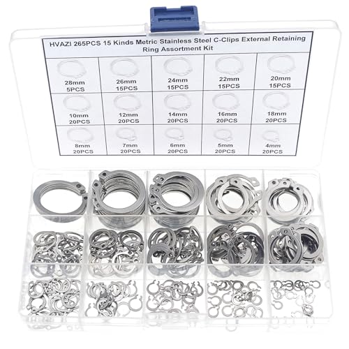 HVAZI 265PCS Metric 304 Stainless Steel C-Clips External Retaining Ring Assortment Kit
