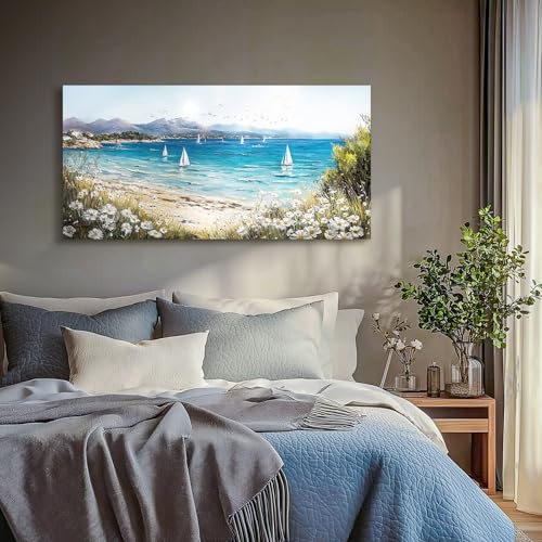 SERIMINO Coastal Landscape Large Wall Art, Beach Daisy Canvas Art Prints, Bay Sailboat Artwork for Walls, Nature Ocean Scenery Paintings Wall Decor Living Room Bedroom, Rustic Home Decor 24"X48"