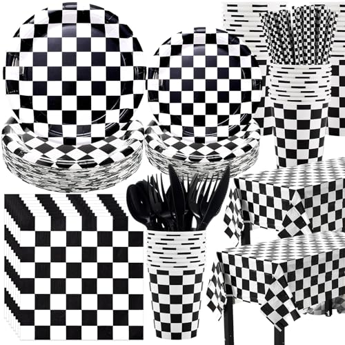 Image of Funnymoom 452 Pcs Checkered Flag Party Supplies for 50 Guests, Black and White Checkered Paper Plates Napkins Cups Tablecloth Cutlery Straws for Race Car Birthday Party Decorations
