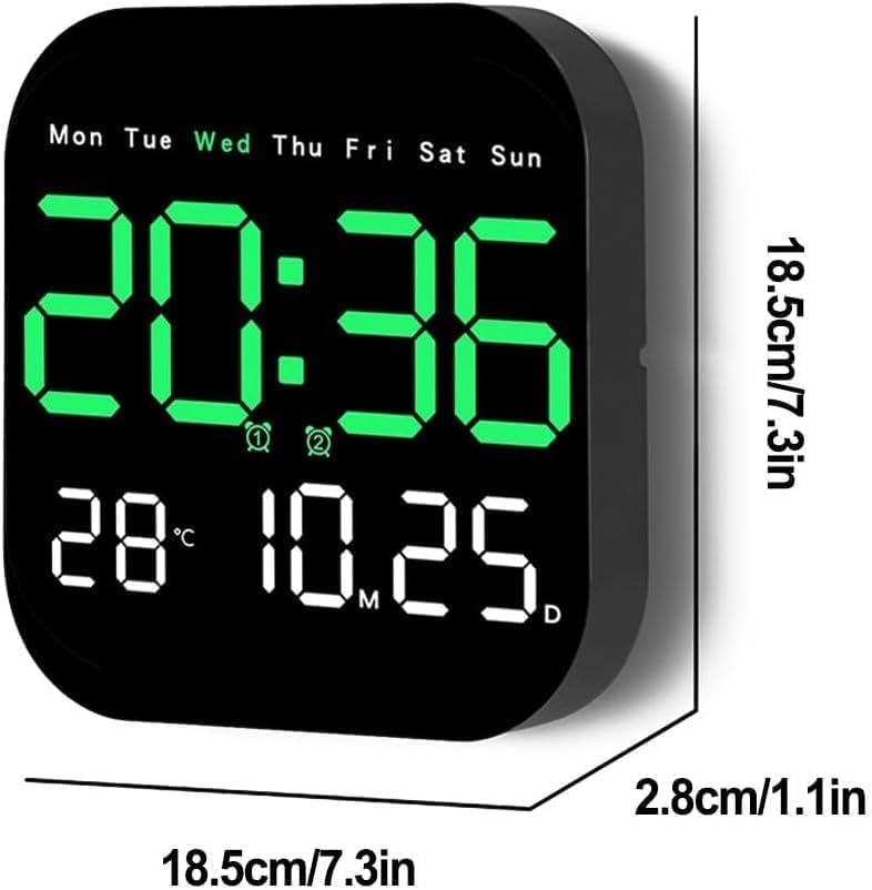 Image of 15-Inch Digital Wall Clock with Large LED Display - Remote Control, Auto-Dimming, Night Light, Date, Day, Temperature, DST Function - Ideal for Living Room, Bedroom (Square 9 inch Green)