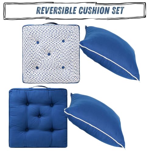 Image of Blue Woven Quilted Floor Cushion Set 60x60x10 CM with Fillers & Back Cushion, Large Size for Seating, Patio Seat, Meditation, Yoga, Pooja, Guests, Living 24x24x4