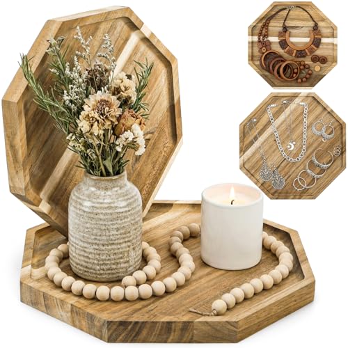 Nagpew 2 Pieces Wood Decorative Trays, Acacia Candle Holder Plate for Centerpiece, Octagonal Serving Tray Appetizer Board for Home, Living Room, Bathroom, Kitchen