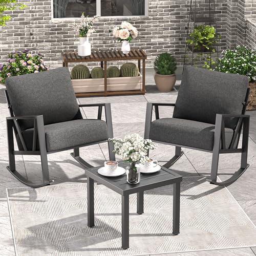 COMLAX FIELD Patio Porch Furniture Set, Patio Outdoor Rocking Chairs Set of 2 with Coffee Table, 3 Piece Metal Outdoor Patio Furniture Set, Small Patio Bistro Conversation Set, Grey