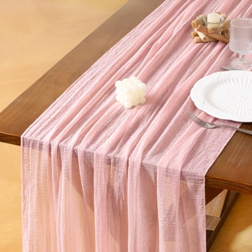 Socomi 6pcs Pink Gauze Easter Summer Cheesecloth Table Runner Blush 120 Inch Rustic Boho Cheese Cloth Runner for Wedding Party Baby Bridal Shower Centerpiece Decor Holiday Home Decorations