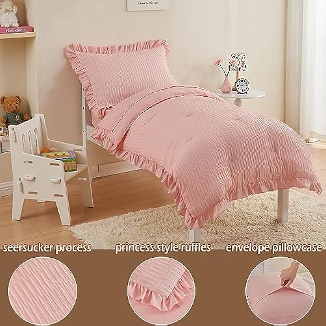 Cozyholy 4 Piece Textured Seersucker Toddler Bedding Set Girls Crib Sheets Set Pink Ruffle Baby Bed Comforter Set Lightweight Bed in a Bag | Include Comforter, Flat Sheet, Fitted Sheet, Pillowcase
