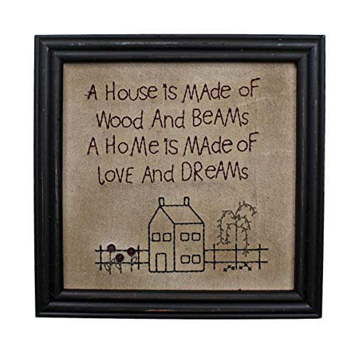CVHOMEDECO Primitives Antique A house is made of wood and beams A home is made of love and dreams Stitchery Frame Wall Mounted Hanging Decor Art 12 x 12 Inch