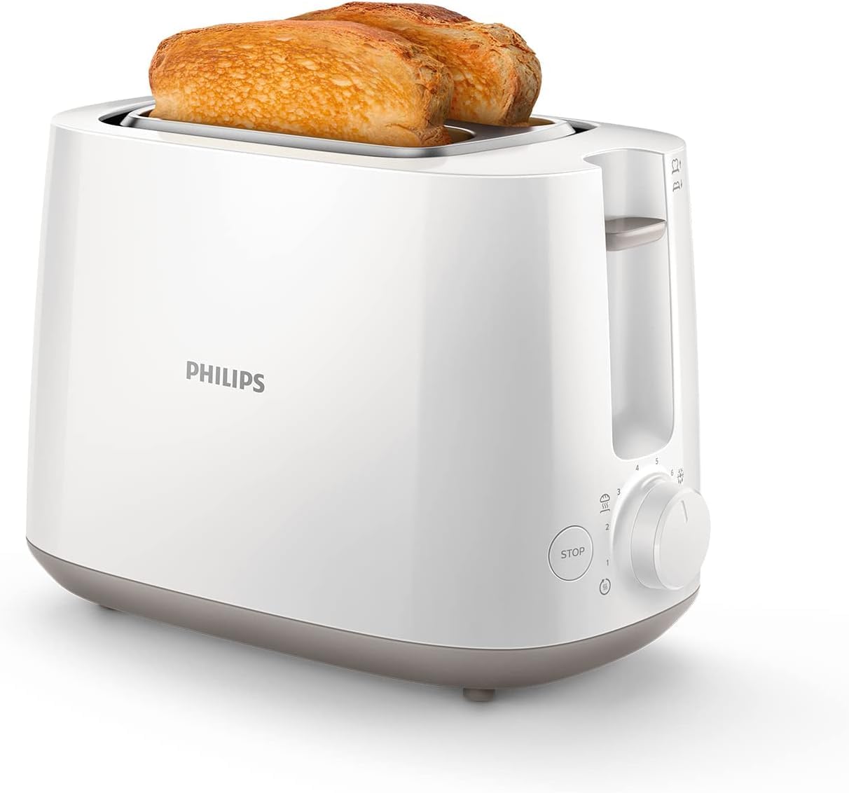 Gros plan sur le grille-pain Philips Daily Collection HD2581/00, mettant en évidence ses fentes larges et sa finition blanche.