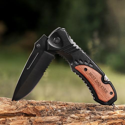 Image of Titorld Gifts for Men Dad Fathers Day, Engraved Pocket Knife, Birthday Gifts ideas from Daughter Son Kids, BEST DAD EVER Wood Folding Knife with Wood Box, Outdoor Camping Hunting Fishing Tool
