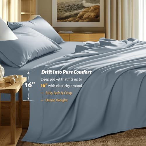 Shilucheng 100% Egyptian Cotton Queen Size Sheets Set - 1000 Thread Count,Luxury Cotton Bed Sheets,Breathable & Cooling Bedding and Pillow Cases, 16 Inch Deep Pocket - 4 Piece (French Blue, Queen)