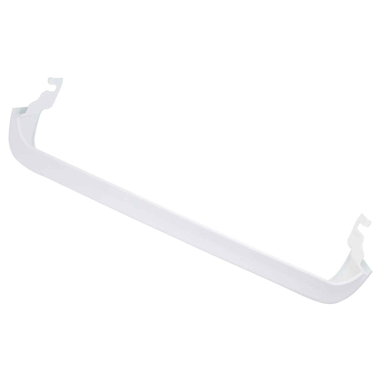 Angled view of the refrigerator door bin shelf showing mounting tabs
