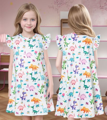 UNIFACO 2pcs Girls Nightgowns Flutter Sleeve Pajamas Dress Cute Sleepwear4