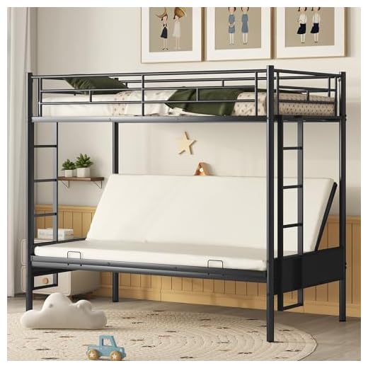Twin Over Futon/Full Bunk Bed, Bed Frame with Sturdy Steel Frame, Convertible Metal Bunk Bed Couch and Bed with Guard Rail Ladder for Kids Adults Teens,Black