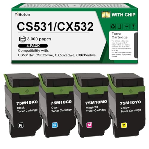 Image of High Yield CS531 CX532 Toner Cartridge with Smart Chip (75M10K0 75M10C0 75M10M0 75M10Y0) Replacement for Lexmark CS531dw CS632dwe CX532adwe CX635adwe Printers(4-Pack)