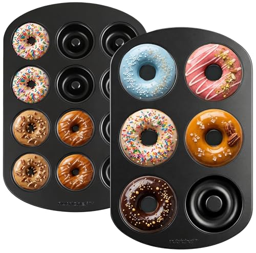 NutriChef Variety 2 Pack Full & Mini Donut Pan for Baking | One 12-Cavity Mini Donut Pan & One 6-Cavity Full Size Donut Pan for Baking | Carbon Steel Bagel Molds | Oven Safe Up To 450F | Black