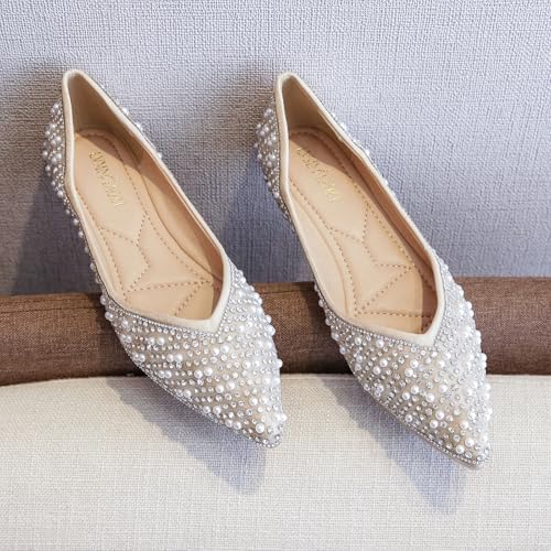 Pearl Flats for Women Pointed Toe Bridal Wedding Dressy Flats with Rhinestones3