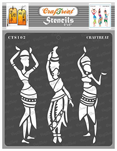 CrafTreat Reusable Tribal Stencils for Painting on Wood, Wall, Tile, Canvas, Paper, Fabric and Floor - Tribal Dancers - 6x6 Inches - DIY Art and Craft Stencils of African Women - Dancer Stencils