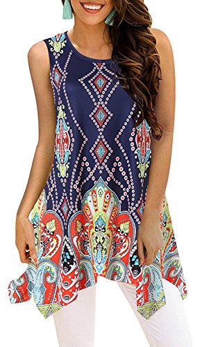 Summer Tops for Women Tunics Tshirt Floral Short Sleeve Casual Irregular Hem Asymmetrical Deep Blue X-Large