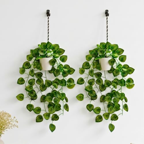 Image of fancymart Artificial Hanging Ivy Plant with White Hanging Pot & Rope, Pack of 2, Realistic Green Leaf Creeper for Home, Office, Living Room & Wall Decor, 60 cm Height