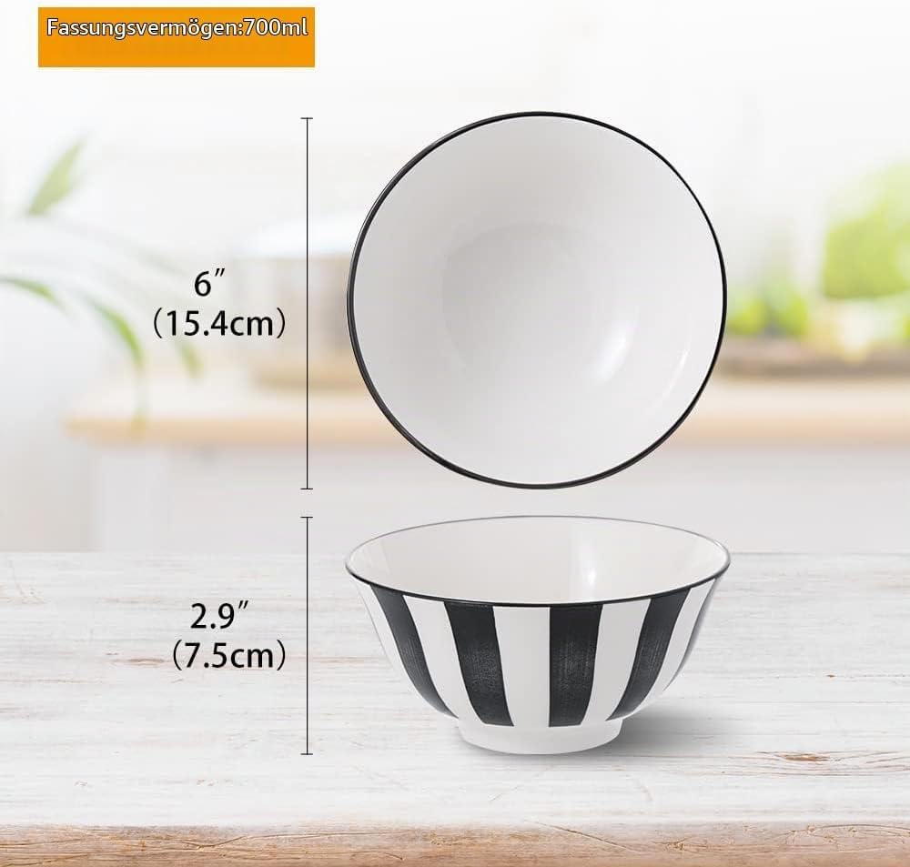 Ciotola Colazione Ciotole Ceramica Nere - Scodella Colazione Cucina 700 ml - Scodelle Porcellana per Insalata | Zuppa | Cereali | Poke | Riso - 15 cm - Adatto a Microonde e Lavastoviglie - Set di 6