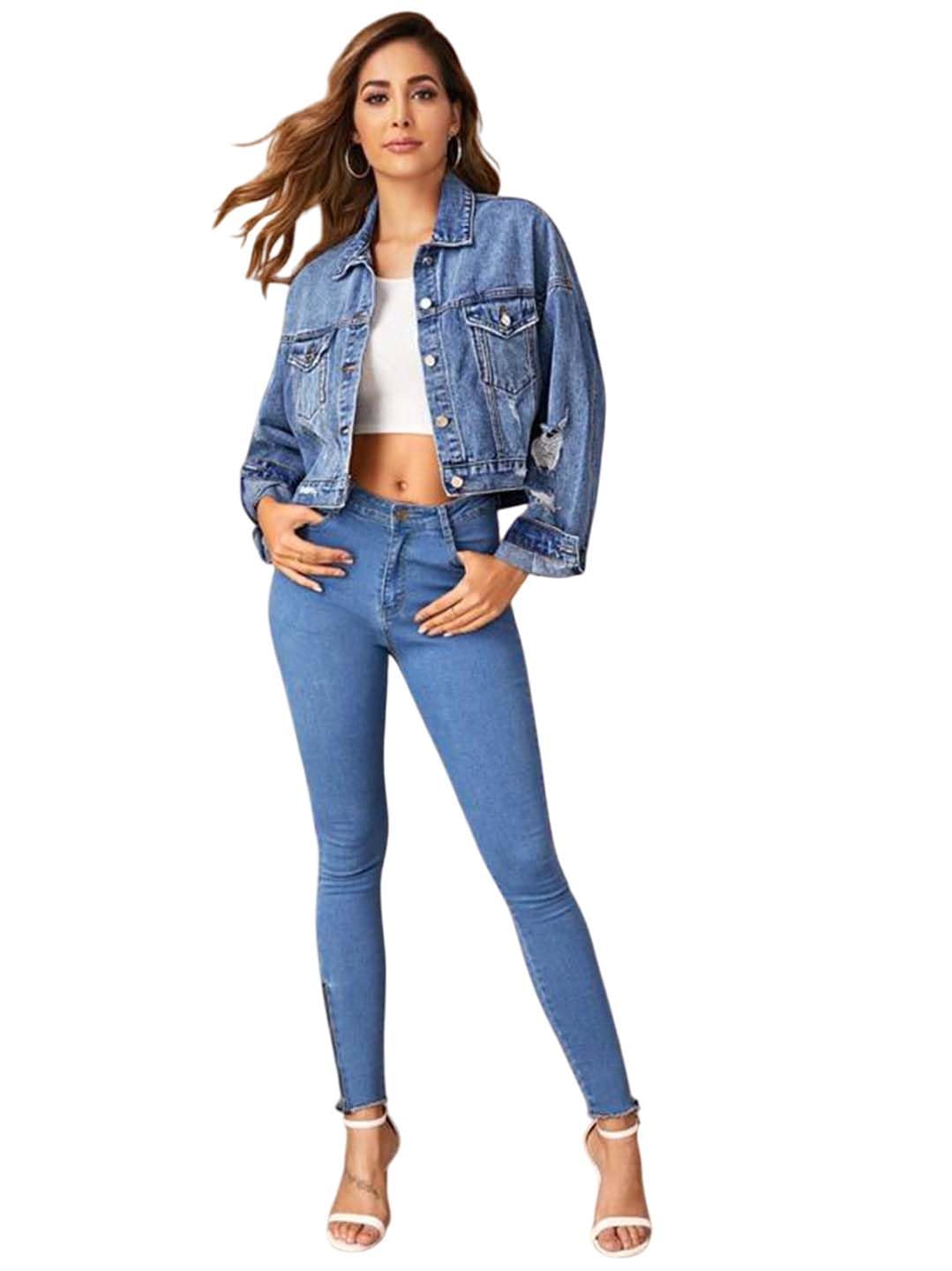 kotty Women's Solid Colony Blue Long Sleeve Denim Jacket-picture-15