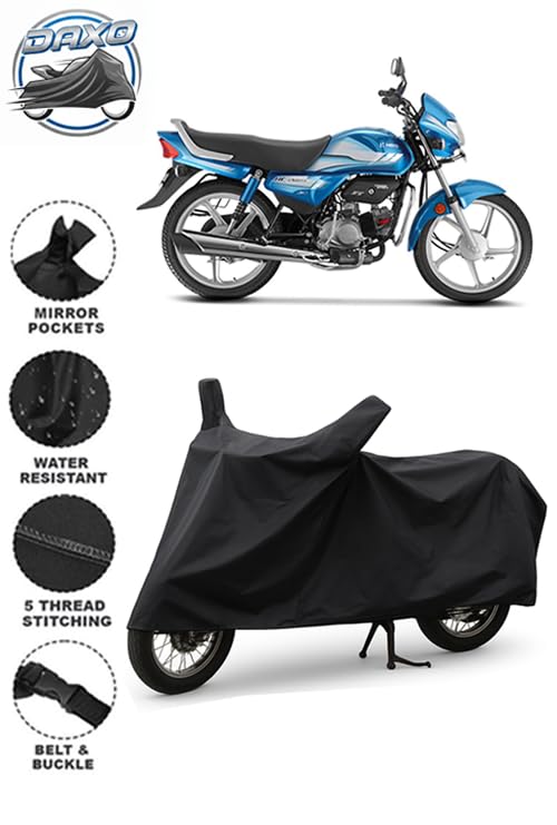 Image of DAXO Waterproof Bike Cover for Hero HF Deluxe | All Weather Protection from Rain, Dust, UV Rays & Scratches with Mirror Pockets & Buckle Belt | HF Deluxe Bike Cover