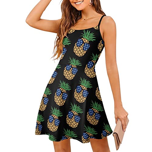 Vestido de playa de verano con diseño de piña de la bandera americana para mujer, casual, con vuelo, ajustable, tirantes delgados, mini vestidos de verano
