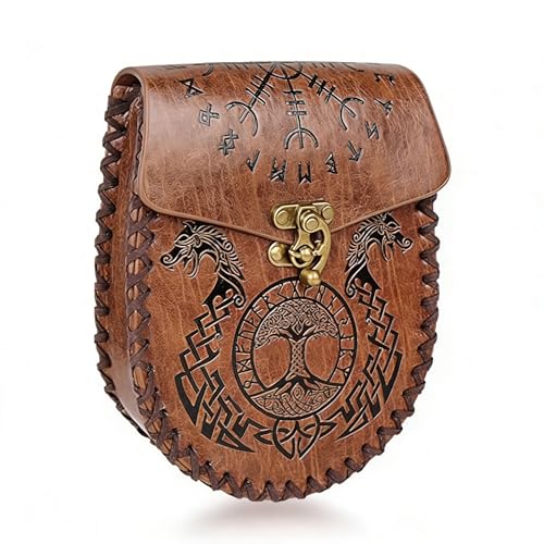 Image of Leather Belt Pouch Medieval Vintage Renaissance Viking LARP Cosplay Costumes Drawstring Coin Purse Phone Holder Waist Bag (Z-Dragon-Brown)