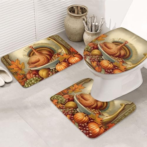 Dwrepo Happy Thanksgiving Print Bathroom Rug Set 3 Piece with Non-Slip U-Shaped Contour Mat and Toilet Lid Cover for Bathroom Decoration