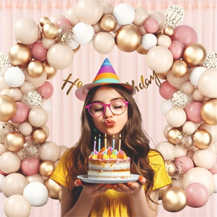 Image of Happy Birthday Balloons Decoration Kit - 58 Pcs Golden Chrome, White & Dusty Pink Garland Set for Birthday Decoration | Birthday Party Decoration Set for Celebrations for Kids & Girls