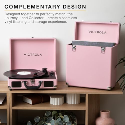 Image of Victrola Journey II Bluetooth 3-Speed Suitcase Record Player & Collector II Vinyl Record Storage Case, Holds 30+ Albums (Bundle, Pink)
