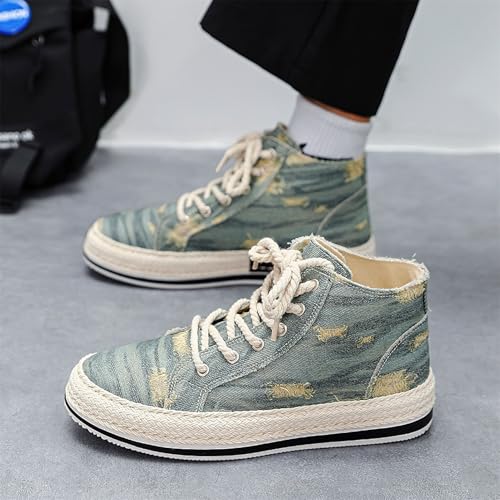 Exusiai Men High-Top Distressed Denim Skate Shoes Breathable Cloth Non-Slip Outdoor Casual Shoes Good Grip, Lace-Up Closure, Round Toe3