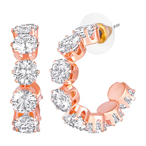 Rose Plated CZ Studed Half Bali Hoop Earrings