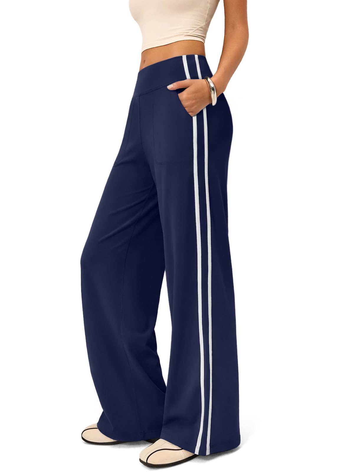 INNO MINT Wide Leg Track Pants Women, High Waisted Loose Yoga Sweatpants with Pockets, Contrast Trim Workout Trousers