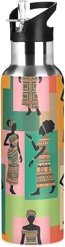 Retro Women Colorful Insulated Stainless Steel Water Bottle with Straw 20 Oz Leakproof Water Bottles, BPA-Free Sport Water Bottle