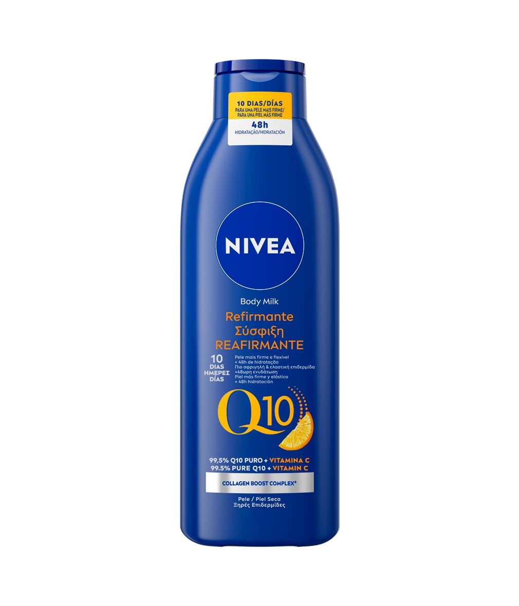 NIVEA Q10 Body Milk Reafirmante (1 x 250 ml), crema hidratante corporal para piel seca, crema reafirmante corporal con Collagen Boost Complex y 99,5% de Q10 puro