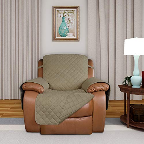 Image of PureFit Reversible Quilted Sofa Cover, Water Resistant Slipcover Furniture Protector, Washable Couch Cover with Non Slip and Elastic Straps for Kids, Dogs, Pets (Oversized Recliner, Beige /Beige)
