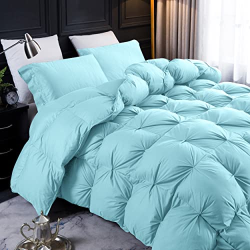Three Geese Pinch Pleat Waterfowl Feathers and Down Comforter Palatial King Size Duvet Insert,750+ Fill Power,1200TC 100% Cotton, Premium All Seasons Aqua-Sky Warm Hotel Comforter with 8 Tabs.