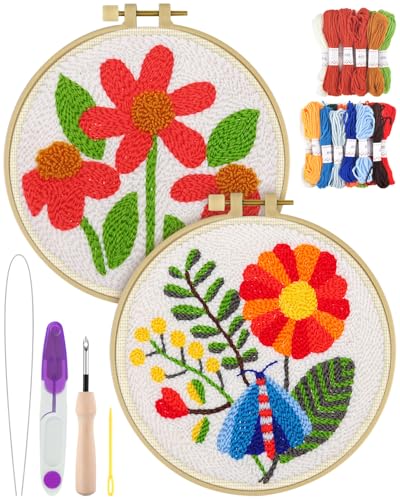 Image of ERKOON Punch Needle Kit Adults Beginners, 2 Pcs DIY Easy Flower Embroidery Set for Starter Art Craft, Needling Punching Project with Patterns, Tools, Yarns, Hoop, Instruction (Safflower)