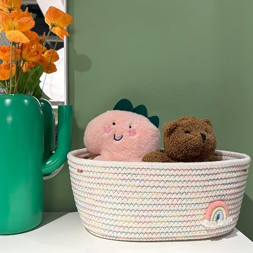Image of SHIANCE&LI Small Woven Rainbow Basket with Gift Bags and Ribbons, Cute Empty Gift Decorative Basket For Baby Storage Nursery, Cotton Rope Basket with Handles,12 inchx 8 inch x 5 inch (Rainbow)