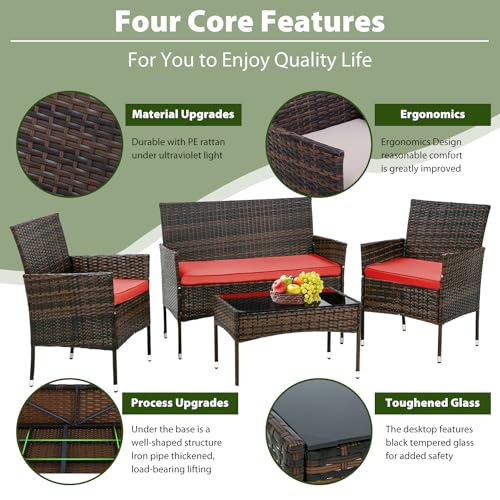 Image of PayLessHere Outdoor Furniture Set 4 Pcs Modular Patio Furniture Set Water Resistant Conversation Set with 3 Rattan Chairs 1 Tempered Glass Topped Table for Patio Poolside, Brown Wicker /Red Cushions