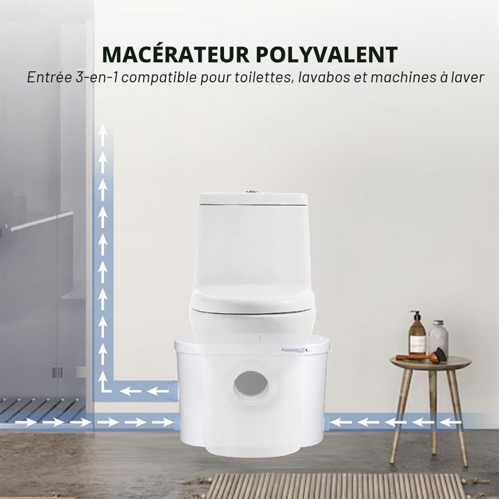 Aquamatix Silencio 3 Broyeur Sanitaire 400W Pompe de Relevage 145L/min Distance de pompage verticale de 8 m avec 3 entrées pour les toilettes, l'évier et la machine à laver, avec filtre à charbon