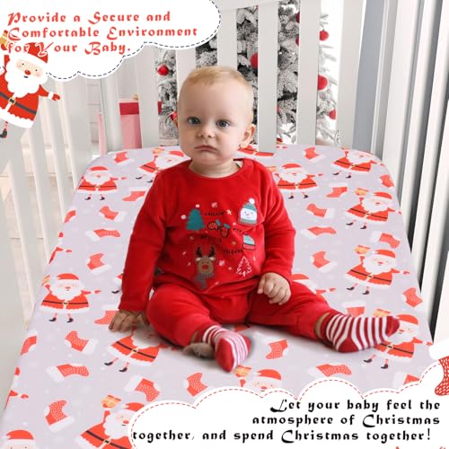 Image of Christmas Crib Sheet, Fitted Crib Sheet with Santa Claus, Christmas Stocking, Snowflake, Measuring 52'' x 28'' to fit Standard Crib & Toddler Mattresses, Gray