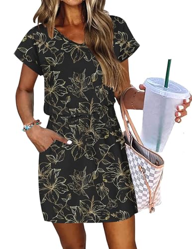 Image of AUSELILY Womens Summer Mini Dress, Short Sleeve V Neck Drawstring Casual | Soft smooth drape with an adjustable drawstring waist for beach, casual outings and daily wear
