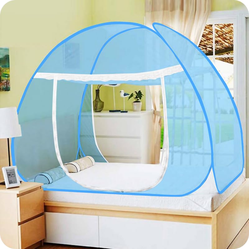 Credebs Service Polyester Adults Washable Mosquito Net 6x6,King Size, Double Bed with Saviours (Suitable for 6ft x 6ft to 6.9ft x 6.9ft) Mosquito Net Plain(Mosquito Net-FullColour-Blue-2)