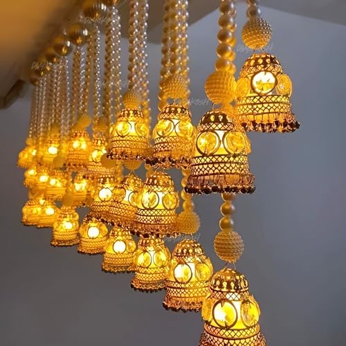 Image of Divyakosh Wall Hangings For Home Decoration, Set Of 2 Diwali Lights, Handmade Diwali Decoration Wall Hangings, Door Valance Hanging With LED T-Lights For Wedding Decor,Beads,Gold, 12 Inches